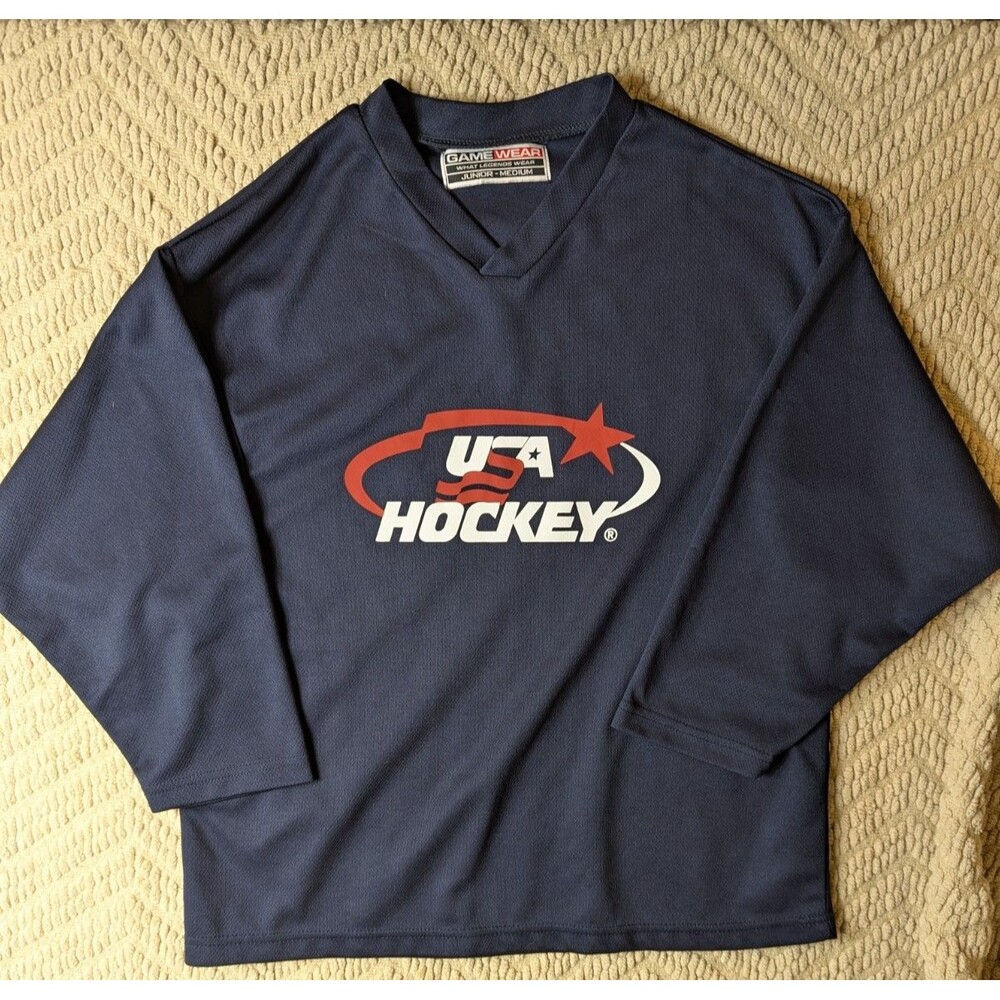 USA Hockey Gamewear Jersey Youth Junior Medium Navy Blue Mesh Practice V Neck